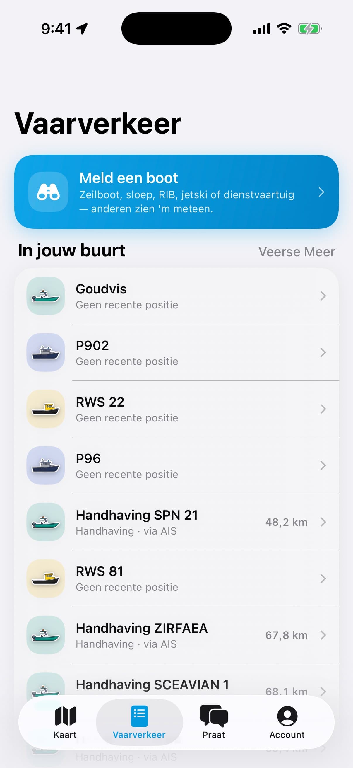 De kaart van Vaarmeister op heel Nederland, met handhavingsvaartuigen van Groningen tot Zeeland