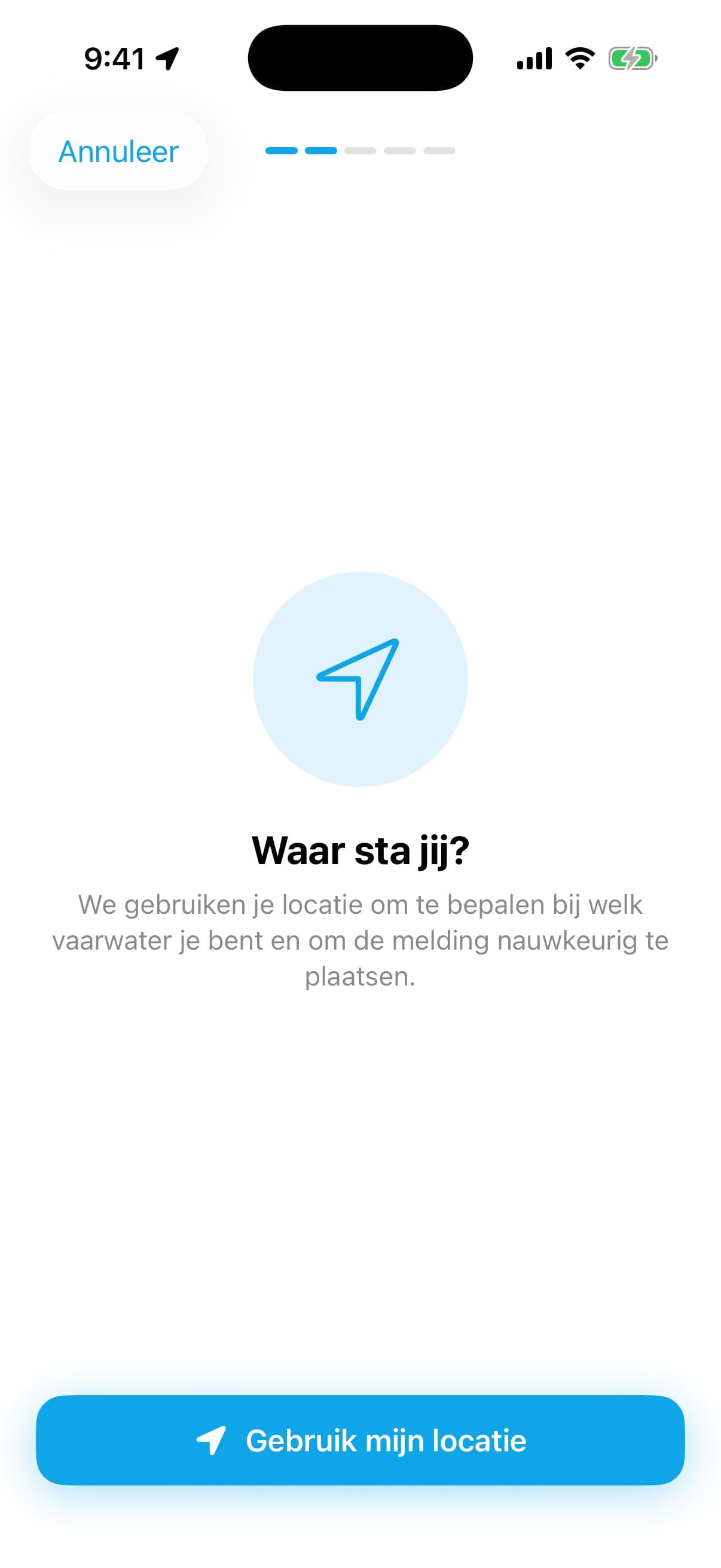 Het meldscherm van Vaarmeister met de cameraknop